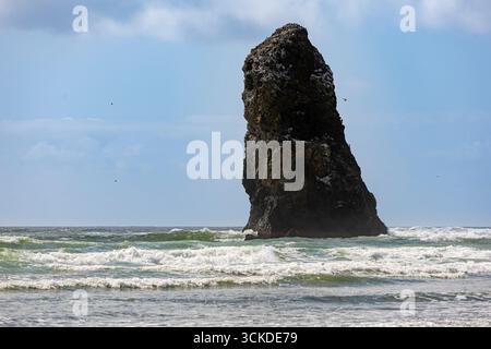 La roccia di fieno sorge dall'Oceano Pacifico a Cannon Beach, Oregon, in questo raro colpo di sole. Foto Stock