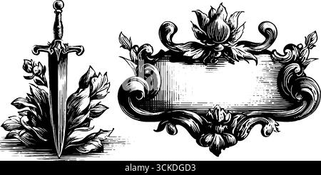 Copertina di libri fantasiosi dal design intricato con spade ornate e decorazioni floreali. Illustrazione Vettoriale