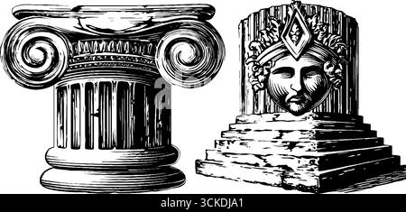 Elementi classici del teatro greco: Colonna incisa e maschera drammatica per progetti artistici. Illustrazione Vettoriale