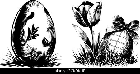 Set d'incisione vintage con uovo di pasqua e tulipani - design retrò disegnato a mano per le carte delle vacanze. Illustrazione Vettoriale
