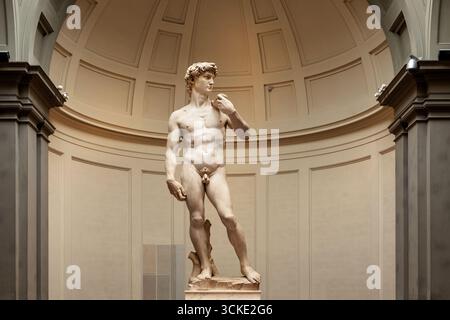Il David è un capolavoro di scultura rinascimentale italiana in marmo creato dal 1501 al 1504 da Michelangelo, nella Galleria dell'Accademia di Firenze. Foto Stock