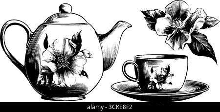 Teiera e tazze in porcellana vintage con incisione e design floreale per un elegante arredo da tè. Illustrazione Vettoriale