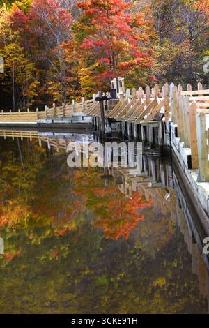 Il fogliame autunnale si riflette sulle placide acque di Willey Pond sul fiume Saco, Crawford Notch State Park, New Hampshire. La passerella in legno attraversa la diga. Foto Stock