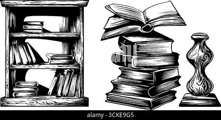 Set illustrativo inciso di scaffale in rovere e libri impilati per un design retrò. Illustrazione Vettoriale