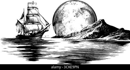 Illustrazione con incisione d'epoca della luna piena sul mare calmo con veliero e silhouette di montagna. Illustrazione Vettoriale
