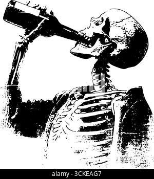 Scheletro bianco e nero grungy con bottiglia - design urbano vintage per poster. Illustrazione Vettoriale