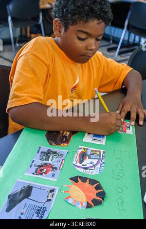 Miami Florida, Coconut Grove Shake A leg Summer Day Camp Activities, studenti che fanno poster classe ragazzi maschio, ispanico nero africano Foto Stock