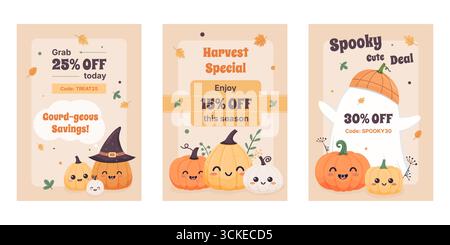 Striscioni a tema autunnale con zucche sorridenti e personaggi fantasma su sfondo beige. Illustrazione Vettoriale