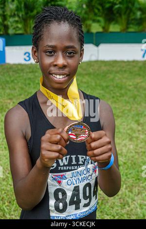 Miami Florida,Tropical Park,USA Track & Field National Junior Olympics,Student Students Competition sports,atleta Athletes Black African Africans tee Foto Stock