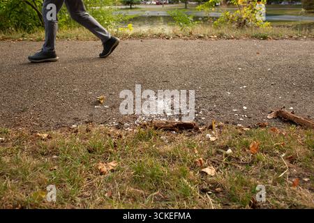 Primo piano di un pedone che passa davanti a vetri rotti disseminati su asfalto vicino a un prato del parco. Foto Stock