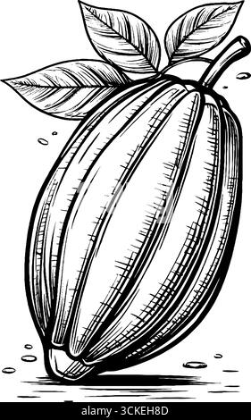 Incisione di fagioli di cacao con foglie - schizzo vintage disegnato a mano per un design retrò. Illustrazione Vettoriale