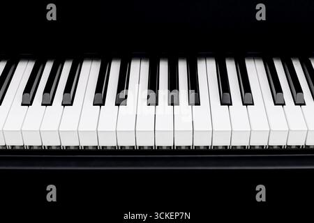 Vista ravvicinata tastiera piano. Tasti in bianco e nero prospettiva. Dettaglio degli strumenti di musica classica. Un concetto audio elegante. Elemento di performance musicale. Foto Stock