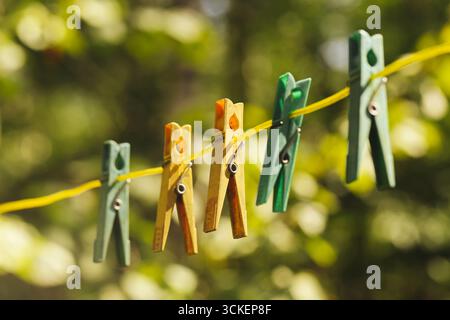 clothespins colorati appesi sulla linea lavanderia. Piedini di plastica sulla corda su sfondo naturale sfocato. Primo piano sui dettagli della casa. Asciugatura dei vestiti. Foto Stock