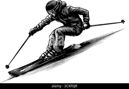 Illustrazione vintage incisa dello sciatore sulla pista per il design degli sport invernali. Illustrazione Vettoriale