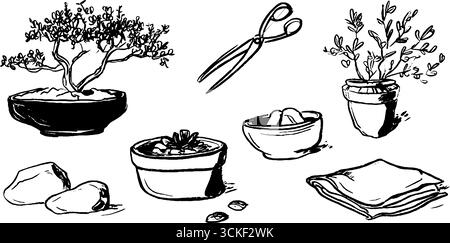 Set bonsai disegnato a mano in bianco e nero per design botanico. Illustrazione Vettoriale