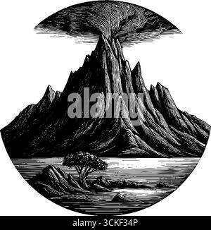 Isola vulcanica incisa con vette maestose e vulcano in eruzione. Illustrazione Vettoriale