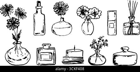 Set di schizzi in bianco e nero di fragranti deodoranti per ambienti e composizioni botaniche. Illustrazione Vettoriale