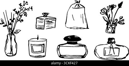 Set di deodoranti per ambienti in bianco e nero e composizioni floreali. Illustrazione Vettoriale