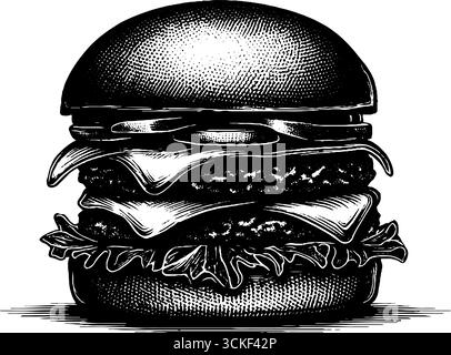 Hamburger disegnato a mano in stile pop art con design a mezzitoni per poster retrò. Illustrazione Vettoriale