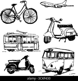 Collezione di schizzi in bianco e nero di veicoli per progetti di design e d'arte. Illustrazione Vettoriale