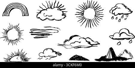 Elementi meteo disegnati a mano in bianco e nero tramontare con sole, nuvole e arcobaleno per un design creativo. Illustrazione Vettoriale