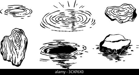 Collezione di schizzi in bianco e nero di increspature d'acqua ed elementi naturali. Illustrazione Vettoriale