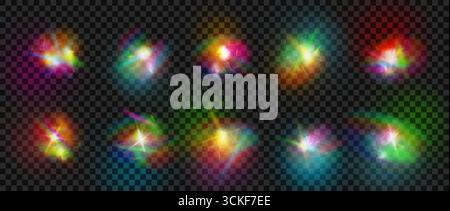 Luce diamantata. Effetto cristallo. Il bagliore magico 3D. Bagliore del prisma arcobaleno. Raggio di gemme iridescente. I gioielli brillano. Luce stellare colorata su sfondo trasparente. Set di schemi di spettro dell'illuminazione vettoriale Illustrazione Vettoriale