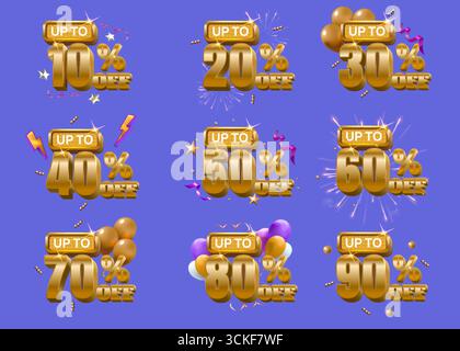 Numeri d'oro. Percentuale di sconto 3D. Percentuale d'oro sul podio. Grande numero di bonus regalo. Palloncino e coriandoli sul prezzo. Brochure di vendita. Acquista font testo promozione. Set di icone dell'offerta speciale vettoriale Illustrazione Vettoriale