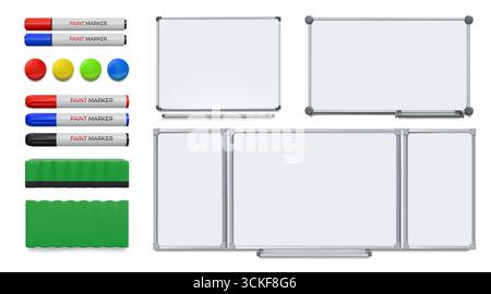 Bacheca di presentazione. Lavagna bianca per ufficio. Bacheca bianca business con pennarello e polvere. Lavagna realistica in classe. Istruzione scolastica. Clip magnetica. Set di apparecchiature di apprendimento isolate dal vettore Illustrazione Vettoriale