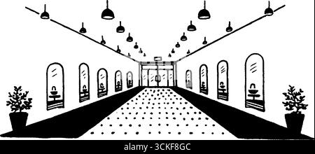 Illustrazione minimalista in bianco e nero di un moderno design del corridoio interno con porte e piante ad arco. Illustrazione Vettoriale