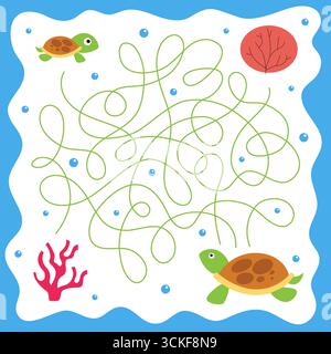 Pesce carino. Gioco labirinto. Labirinto sottomarino per bambini. Foglio di lavoro del puzzle. Ricerca di tartarughe cartoni animati. Quiz per la ricerca su strada all'asilo. Animale subacqueo. Percorso aggrovigliato. Progettazione di attività della cartella di lavoro stampabile tramite vettore Illustrazione Vettoriale