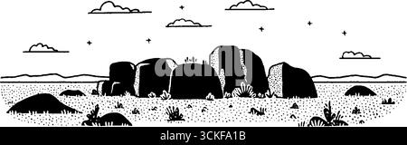 Paesaggio minimalista in bianco e nero con rocce e nuvole. Illustrazione Vettoriale