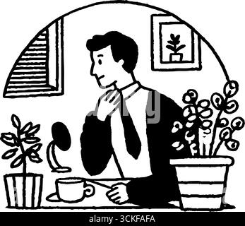 Illustrazione minimalista in bianco e nero di un uomo in ufficio con piante. Illustrazione Vettoriale