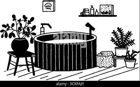 Bagno minimalista di ispirazione giapponese in bianco e nero. Illustrazione Vettoriale