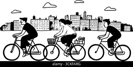 Scena ciclistica minimalista in bianco e nero con skyline cittadino. Illustrazione Vettoriale