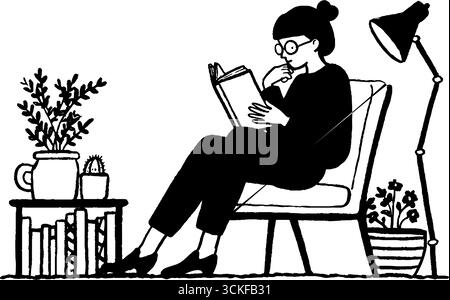 Illustrazione minimalista in bianco e nero di una donna che legge in uno spazio accogliente. Illustrazione Vettoriale