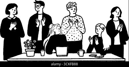 Il team minimalista in bianco e nero applaude l'illustrazione per temi aziendali e di collaborazione. Illustrazione Vettoriale