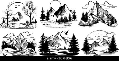 Paesaggi montani d'epoca con alberi e fiumi in bianco e nero. Illustrazione Vettoriale