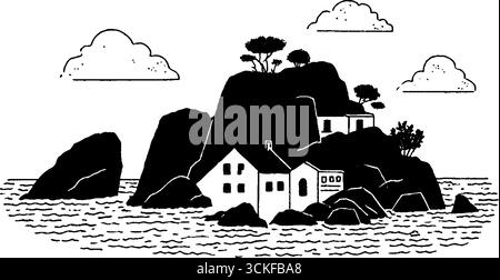 Un'isola in bianco e nero minimalista con case e alberi. Illustrazione Vettoriale