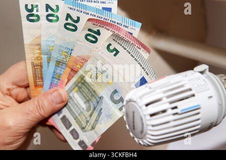 Termostato e banconote per riscaldamento, immagine simbolica per l'aumento dei costi di riscaldamento Foto Stock