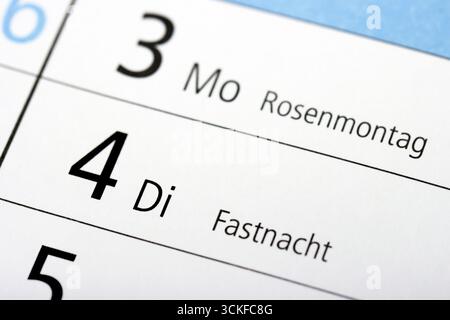 Calendario annuale 2025, 3 marzo, lunedì delle rose, 4 marzo, martedì grasso, Carnevale Foto Stock