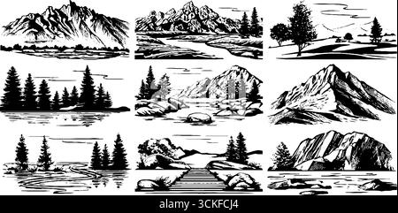 Collezione monocromatica di paesaggi montani con alberi e fiumi. Illustrazione Vettoriale