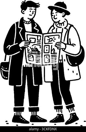 Illustrazione minimalista in bianco e nero di turisti che esplorano con una mappa. Illustrazione Vettoriale
