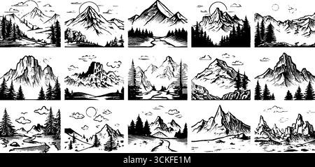 Paesaggi di montagna bianchi e neri con foreste e sole. Illustrazione Vettoriale