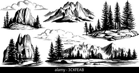 Paesaggi di montagna bianchi e neri con alberi e nuvole. Illustrazione Vettoriale