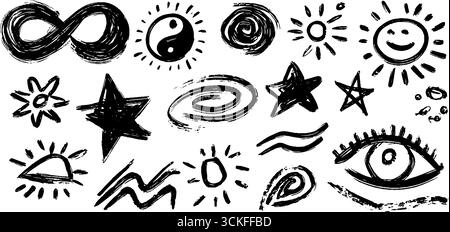 Set di doodle astratti con insegna a infinito, yin yang e simboli del sole per un design creativo. Illustrazione Vettoriale