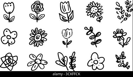 Affascinante collezione di doodle floreali con rose, tulipani e molto altro ancora per progetti creativi. Illustrazione Vettoriale
