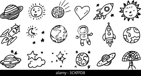 Stravagante set di scarabocchi astronomici con pianeti, razzi e telescopi per progetti creativi. Illustrazione Vettoriale
