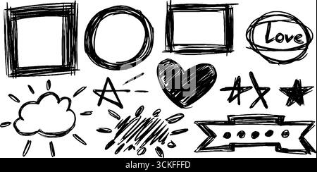 Set creativo di cornici quadrate e rotonde con design divertenti per progetti artistici. Illustrazione Vettoriale