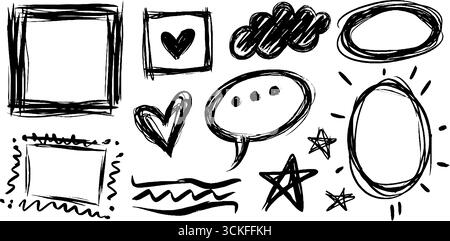 Set di doodle creativi con cornici quadrate e rotonde per disegni artistici. Illustrazione Vettoriale